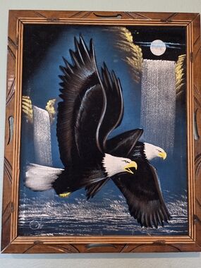 Vintage Black Velvet Oil Painting Wood Framed 23”x 19” Bald Eagle Moon Waterfall